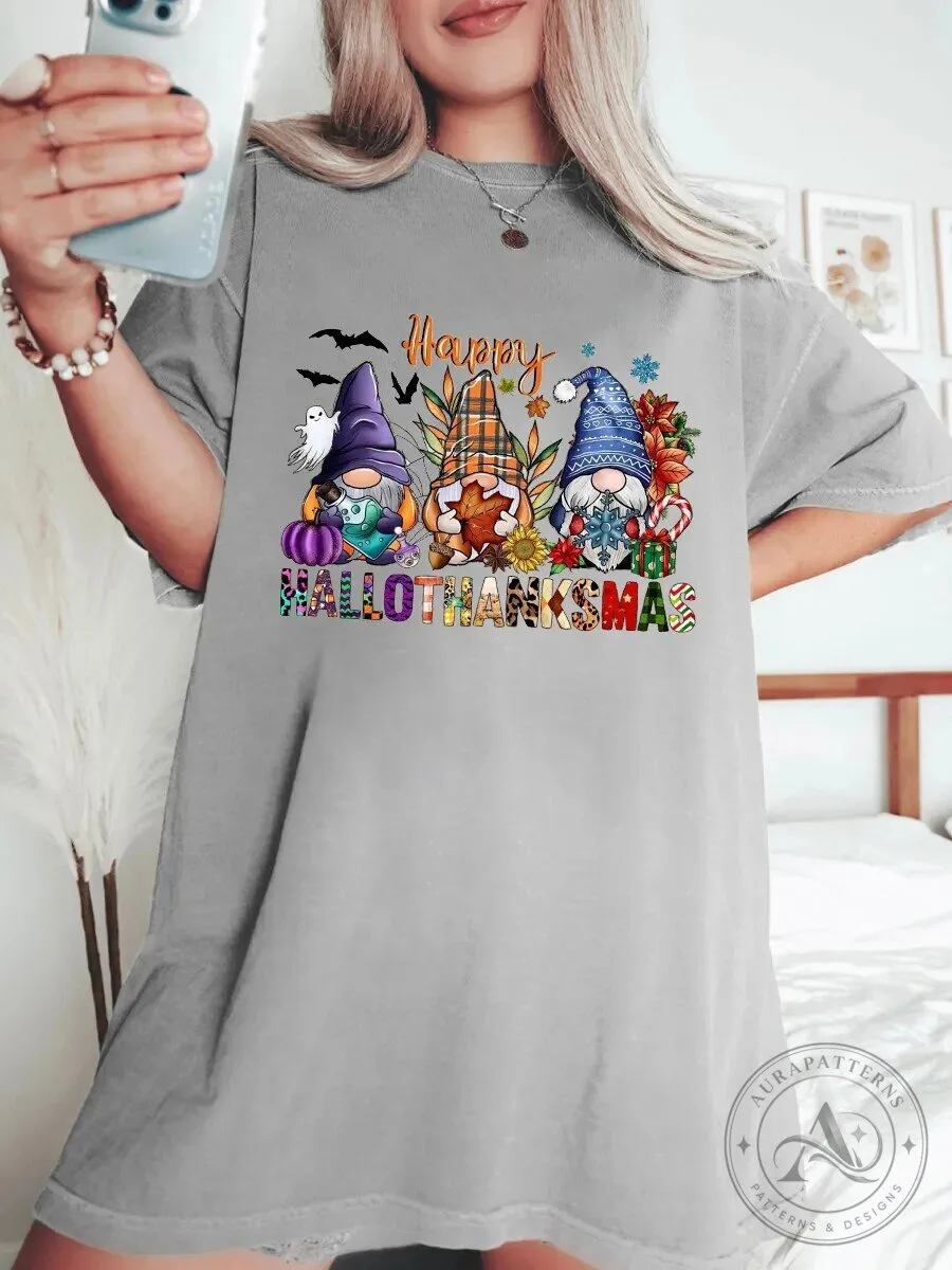 Happy Hallothanksmas Gnomes Holiday Celebration Women's T-Shirt