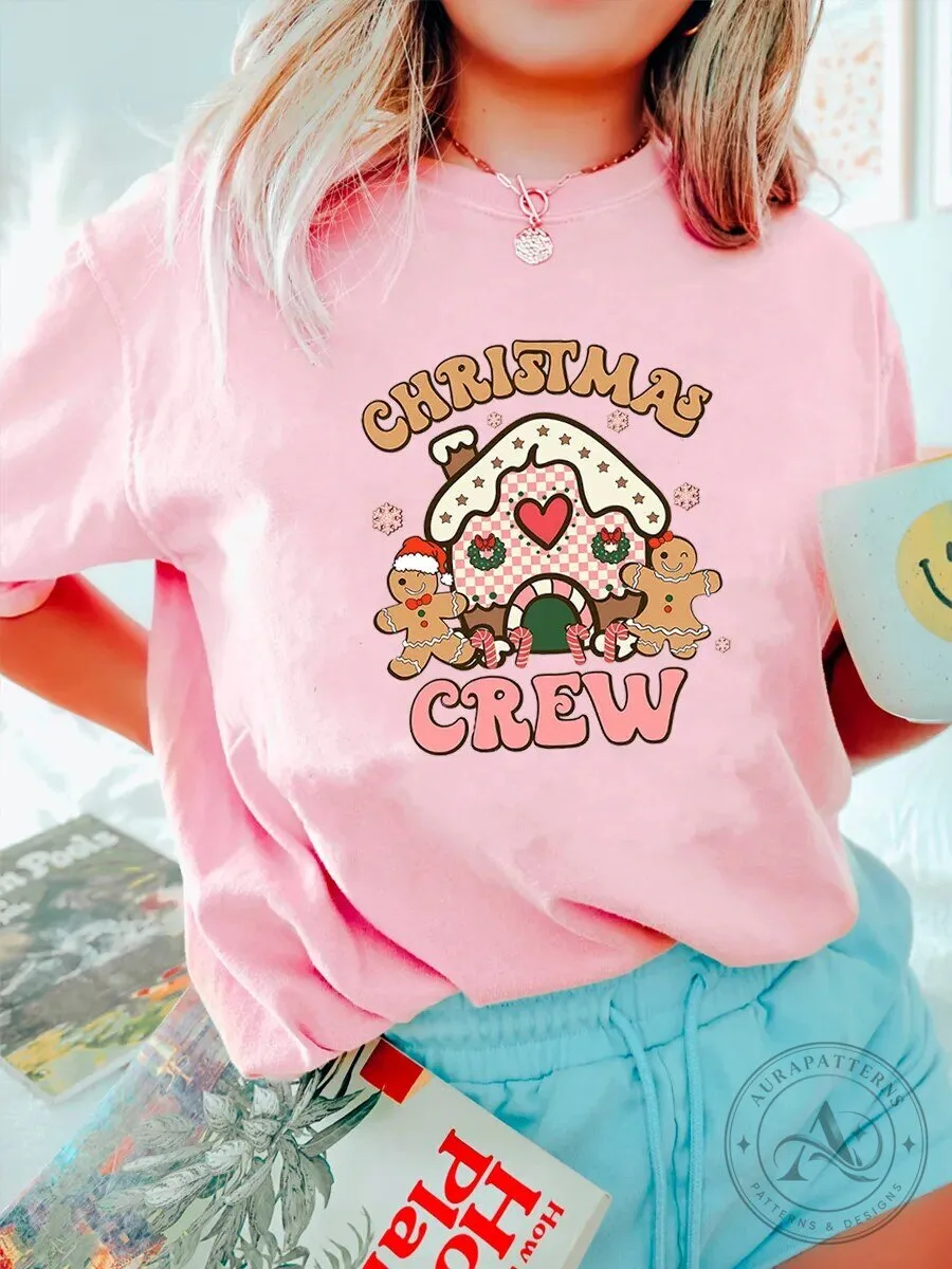 Christmas Crew Gingerbread House Holiday Pink T-Shirt