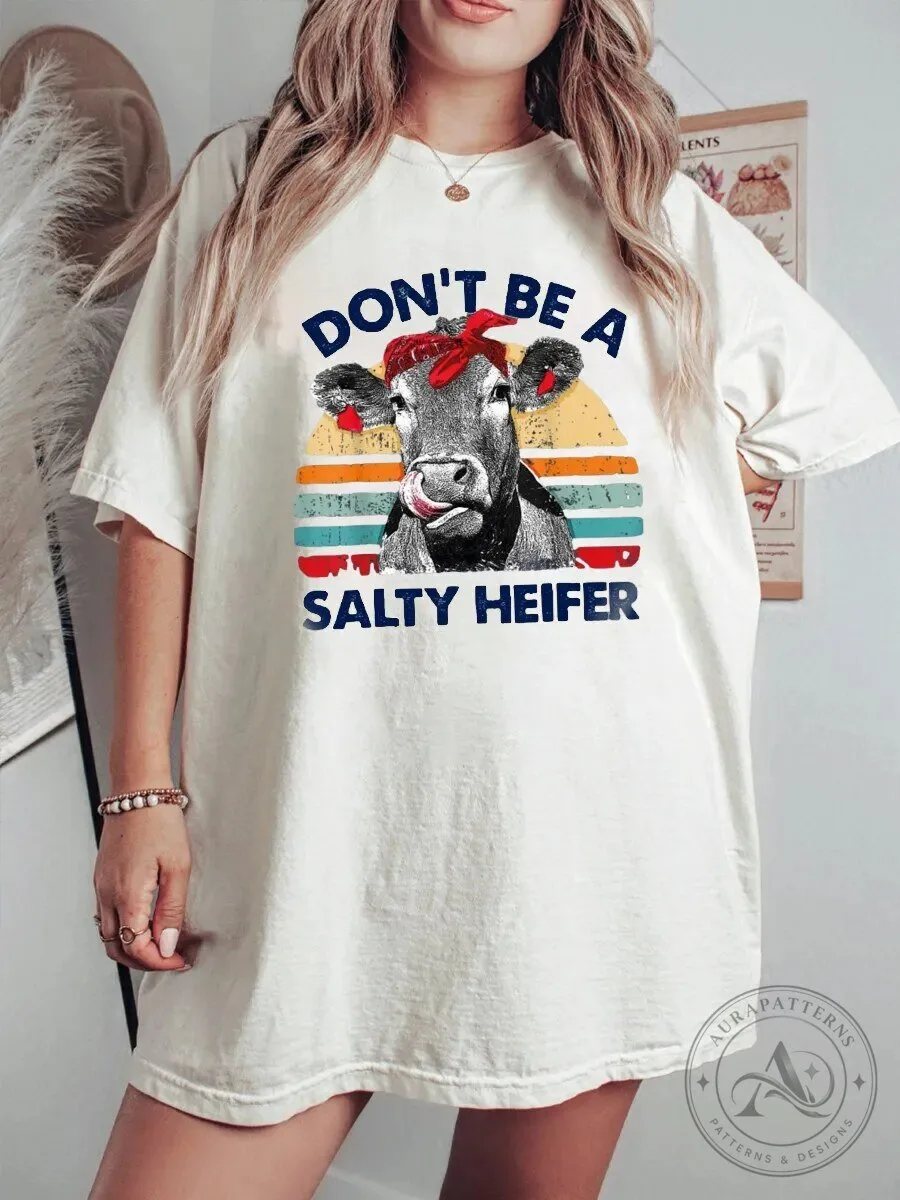Don't Be A Salty Heifer Funny Cow Vintage Sunset Graphic T-Shirt
