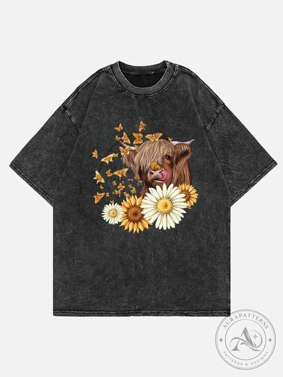 Highland Cow With Butterflies And Sunflowers Graphic Print T-Shirt