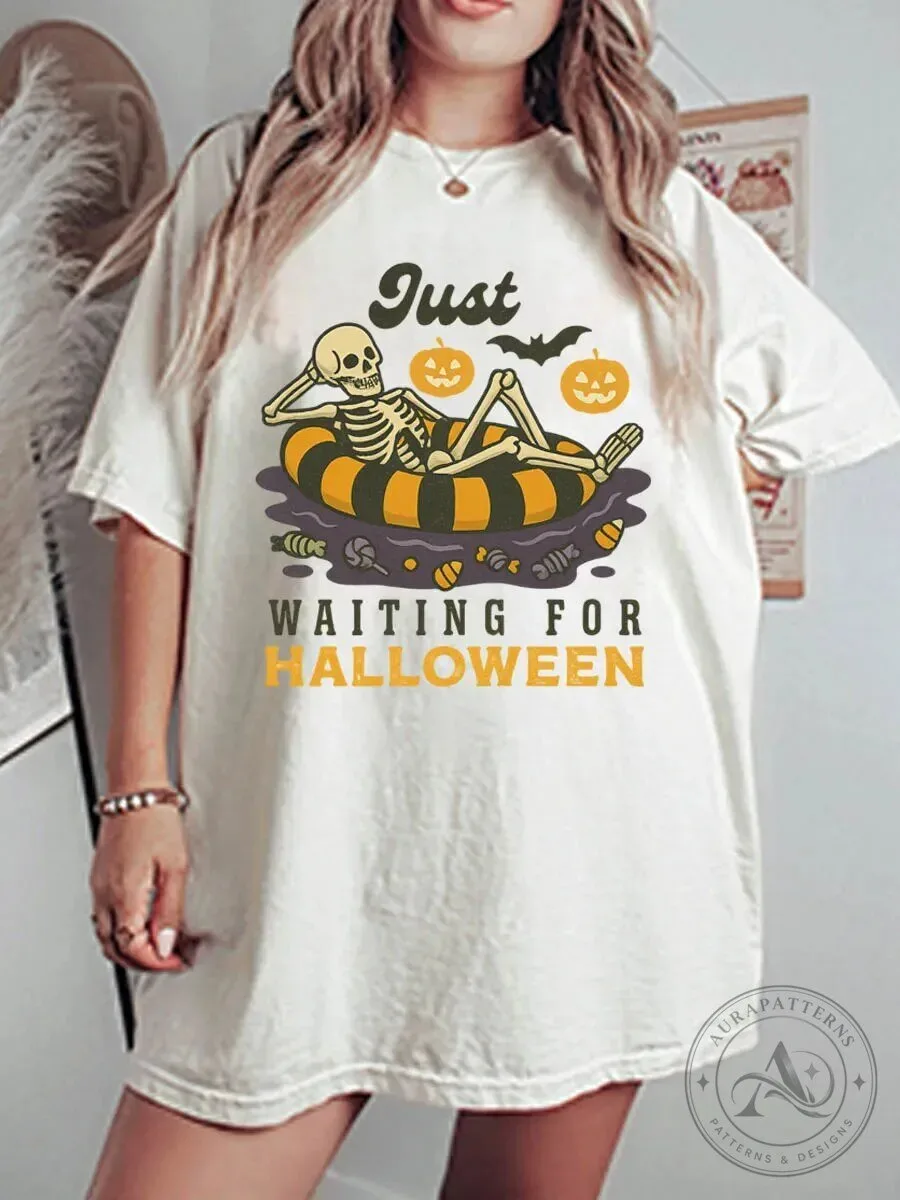 Halloween Graphic Tee Just Waiting For Halloween Skeleton Pumpkin Bat T-Shirt