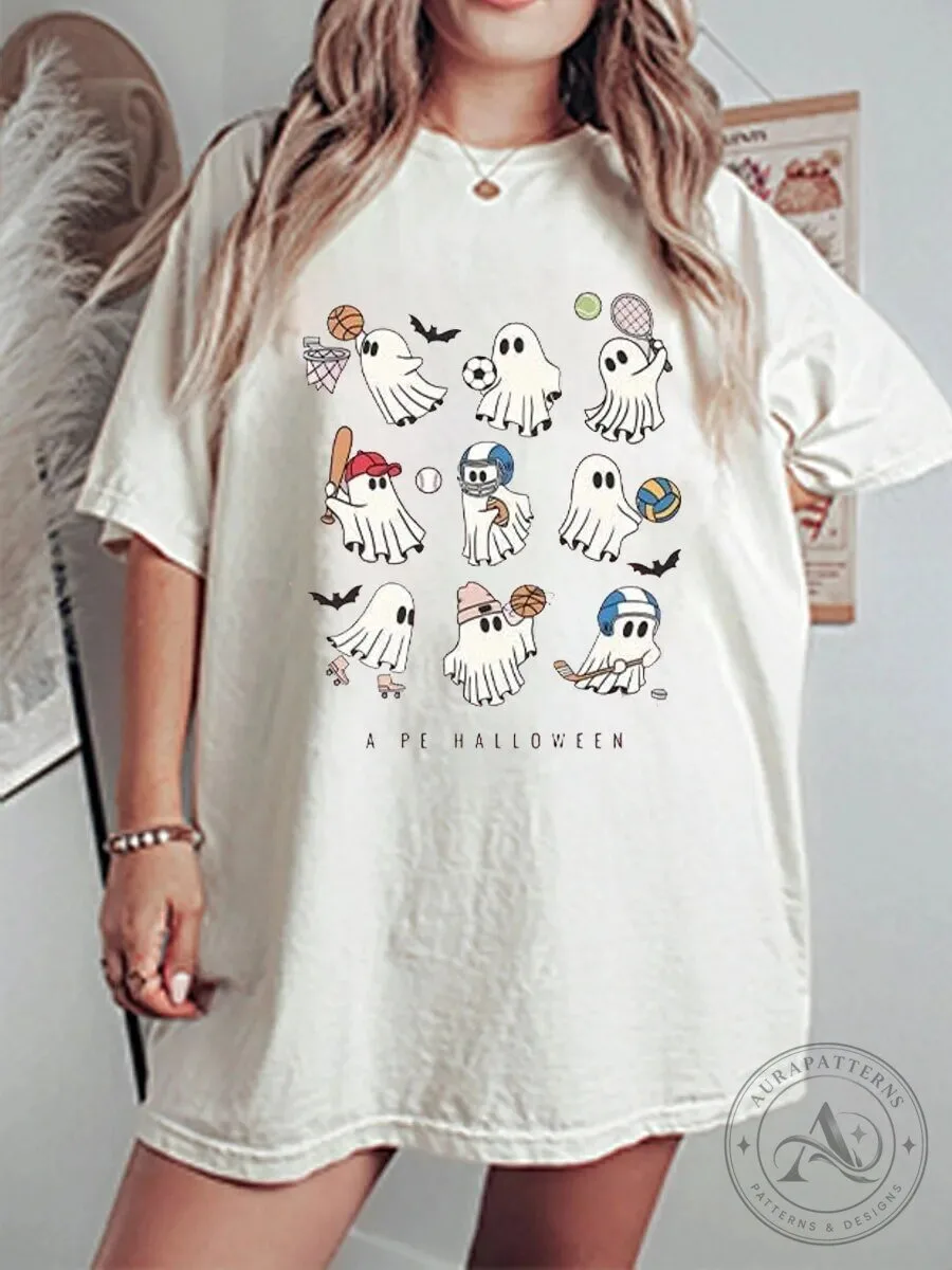 Cute Sports Ghost Halloween Graphic Tee for Women, Spooky Season T-Shirt