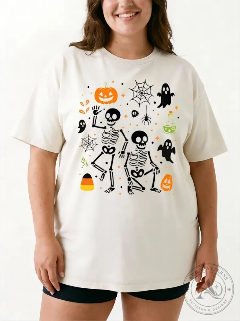 Vintage Skeleton Halloween Graphic Tee, Spooky Pumpkin Ghost Candy Corn T-Shirt