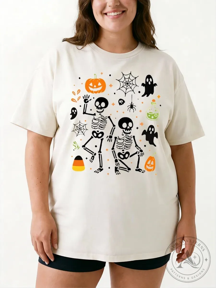 Vintage Skeleton Halloween Graphic Tee, Spooky Pumpkin Ghost Candy Corn T-Shirt
