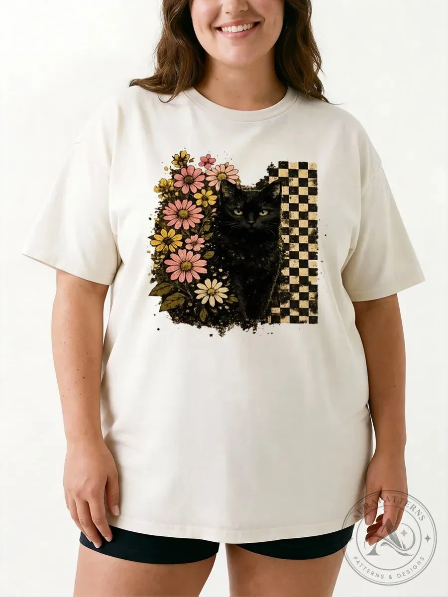 Vintage Black Cat Floral Halloween Graphic Tee, Retro Daisy Flower T-Shirt