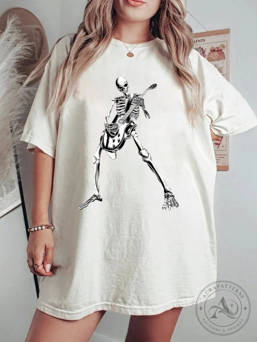 Skeleton Playing Electric Guitar Rock and Roll Music Oversized T-Shirt
