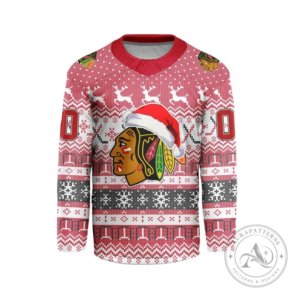 Chicago Blackhawks Personalized Christmas Ugly Sweater Style Hockey Jersey
