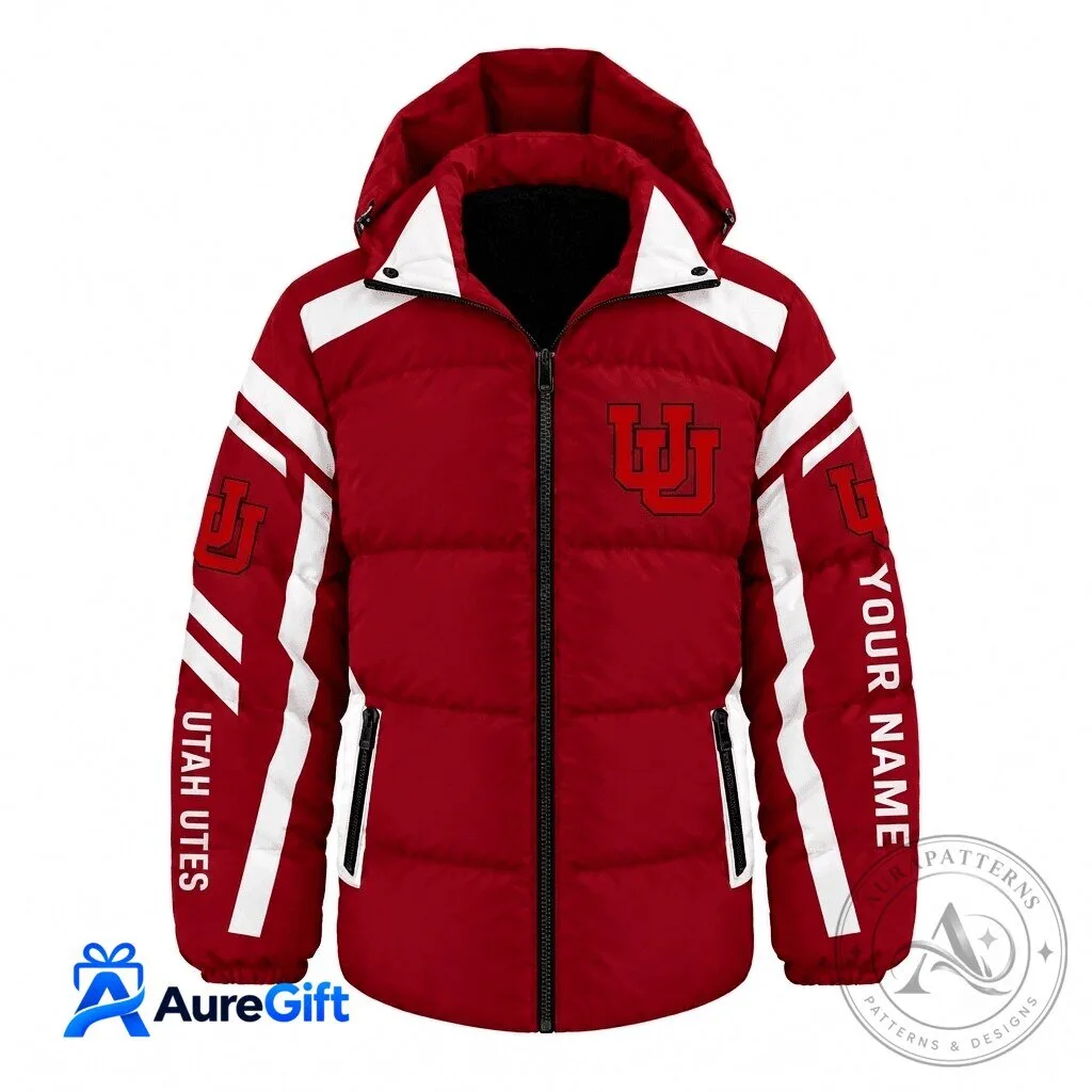 Utah Utes NCAA Personalized Red White Striped Puffer Jacket