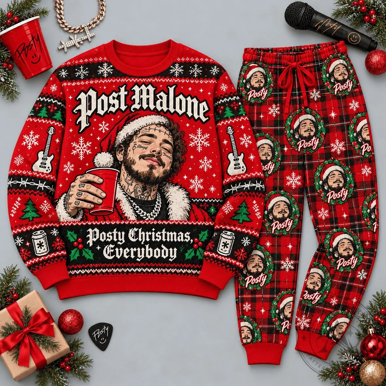 Post Malone Posty Christmas Everybody Red Black Portrait Festive Graphic Sweatshirt