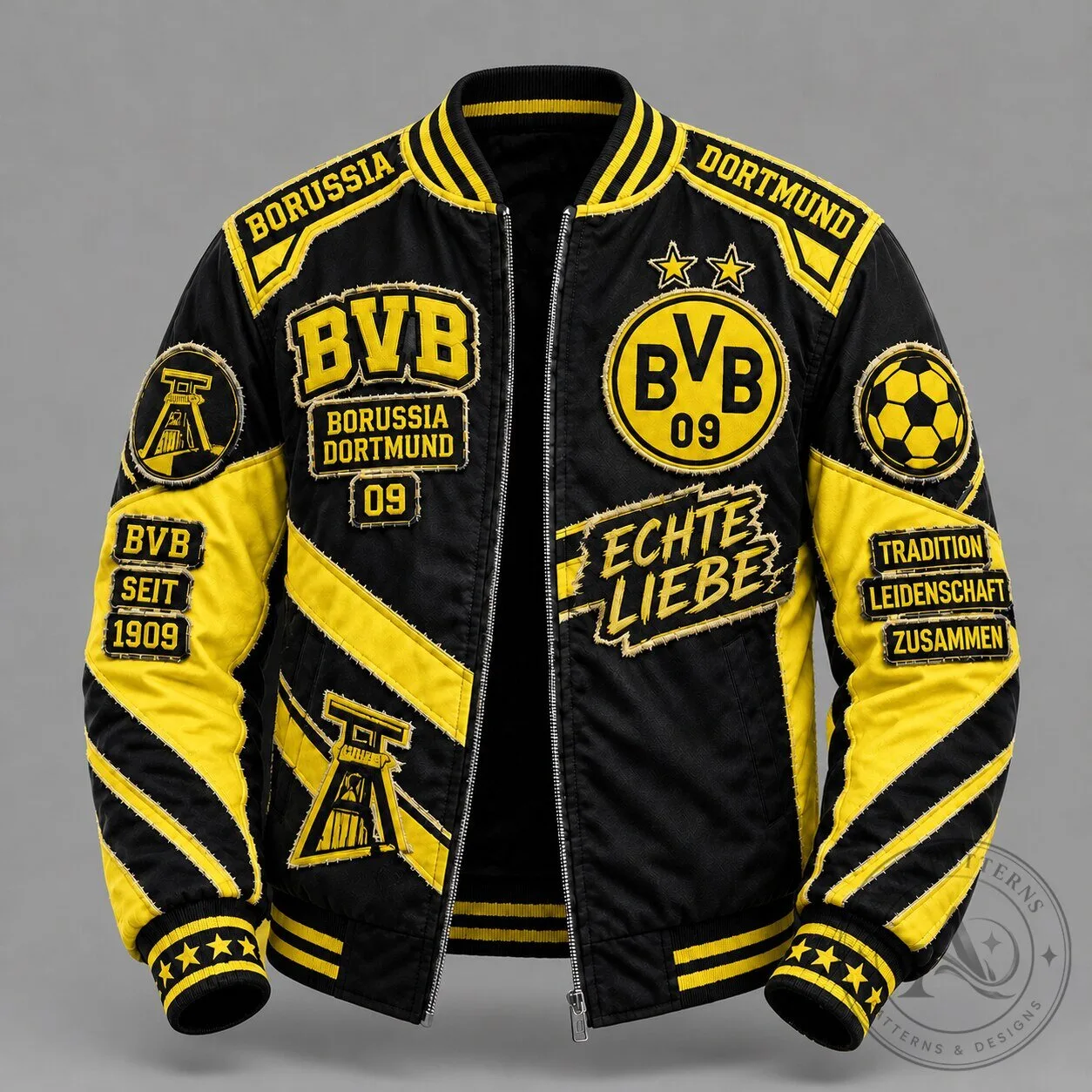 Borussia Dortmund BVB 09 Varsity Bomber Jacket, Black and Yellow Football Club Coat
