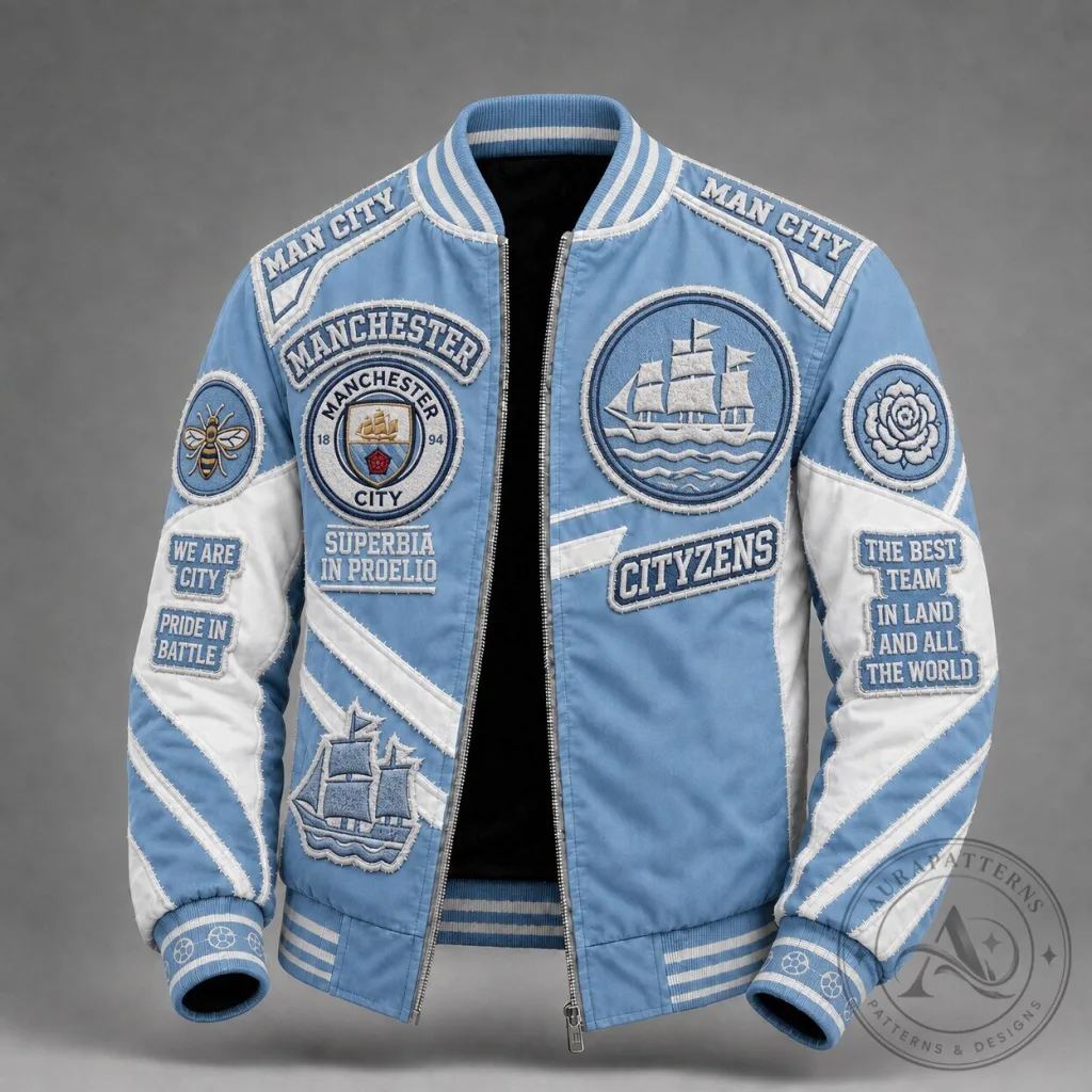 Manchester City Football Club Sky Blue Varsity Bomber Jacket for Men Manchester City Football Club Sky Blue Varsity Bomber Jacket for Men