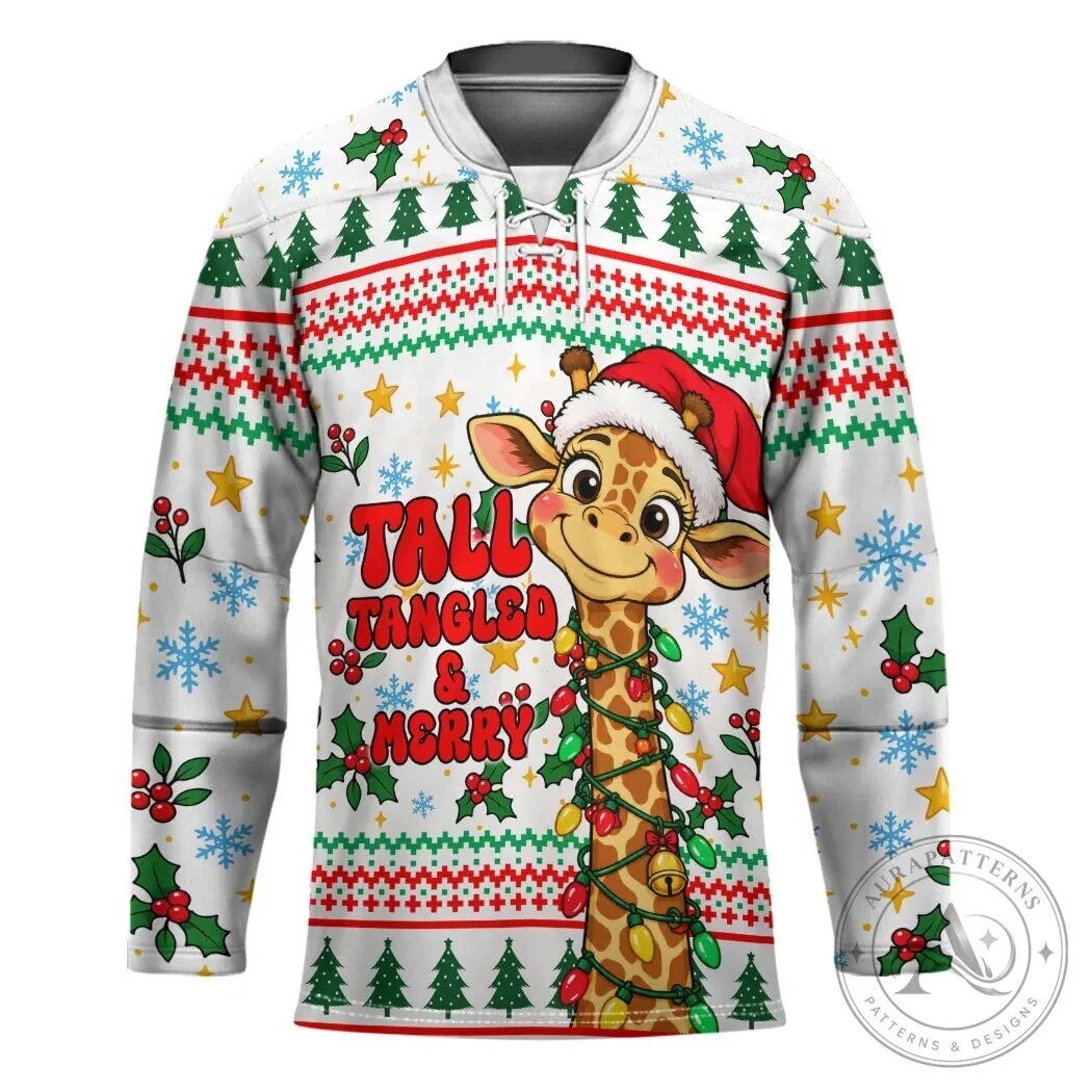 Christmas Giraffe Tall Tangled And Merry Ugly Sweater Hockey Jersey