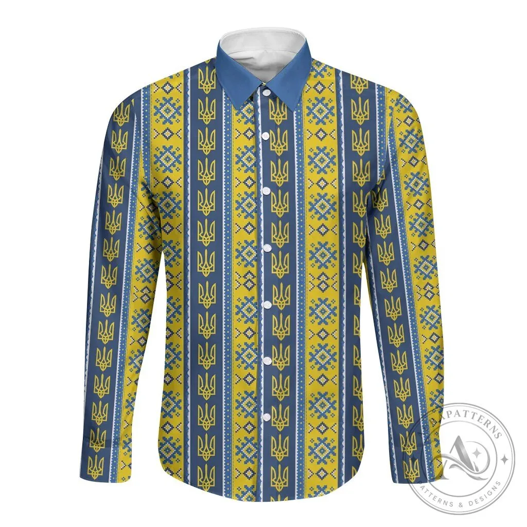 Ukrainian Trident Pattern Long Sleeve Button-Up Shirt for Men and Women