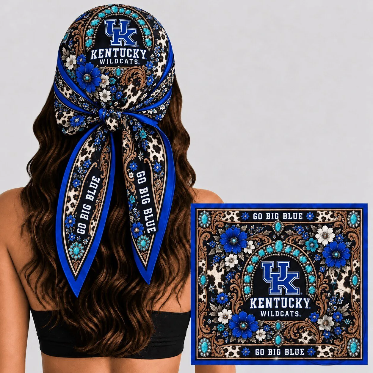Kentucky Wildcats Go Big Blue Western Boho Floral Bandana Scarf