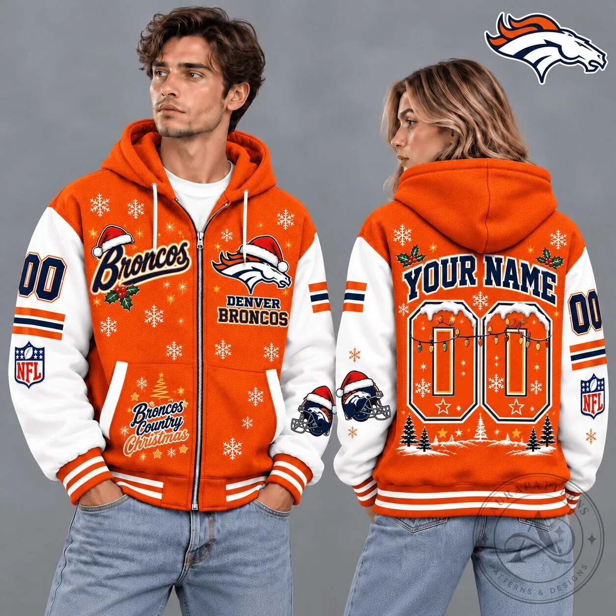 Denver Broncos Christmas Snowflake Custom Name Number Zip Hoodie
