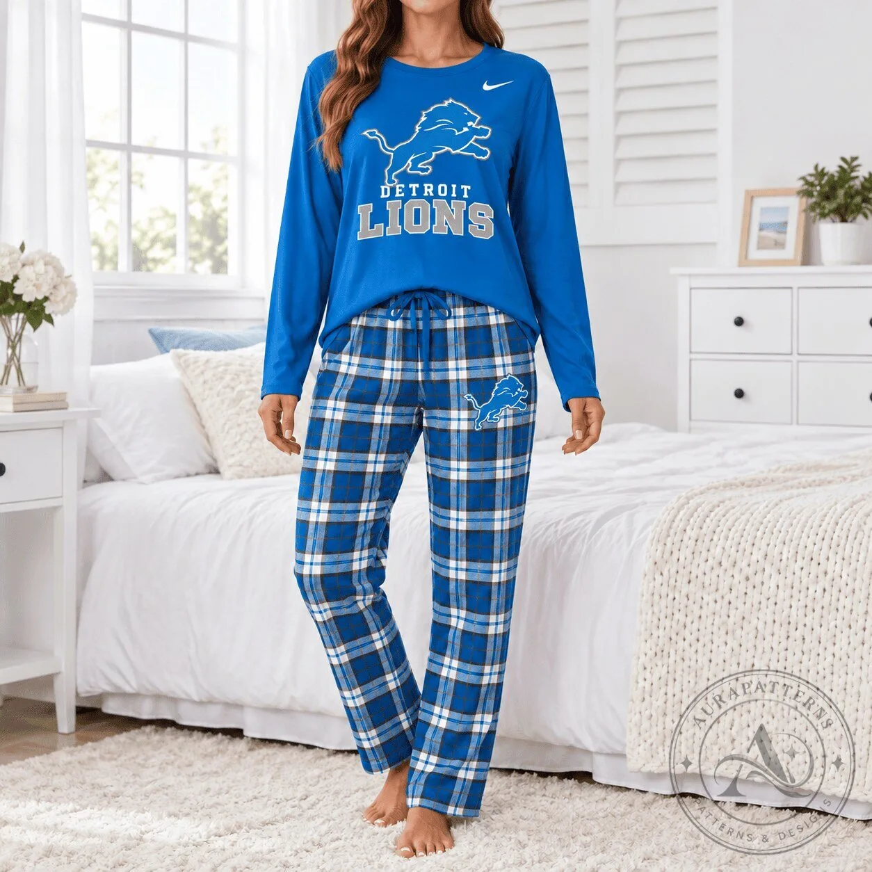 Detroit Lions Pajamas Set for Women, NFL Team Logo Sleepwear