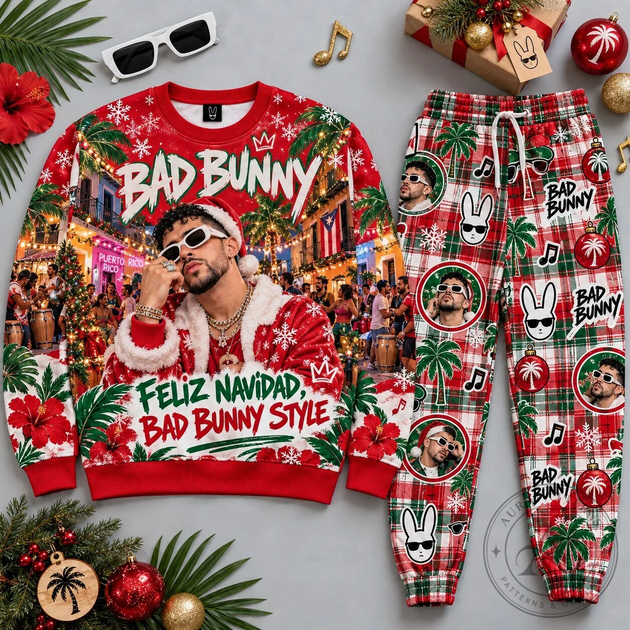 Christmas Holiday Sweatshirt and Pants Set in Bad Bunny Feliz Navidad Style