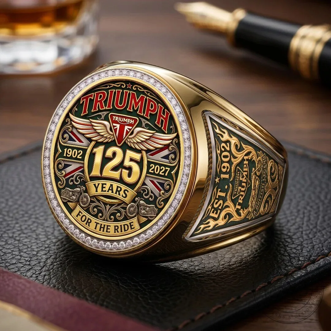 Triumph Motorcycles 125th Anniversary Gold Plated Engraved Ring 1 Triumph Motorcycles 125th Anniversary Gold Plated Engraved Ring