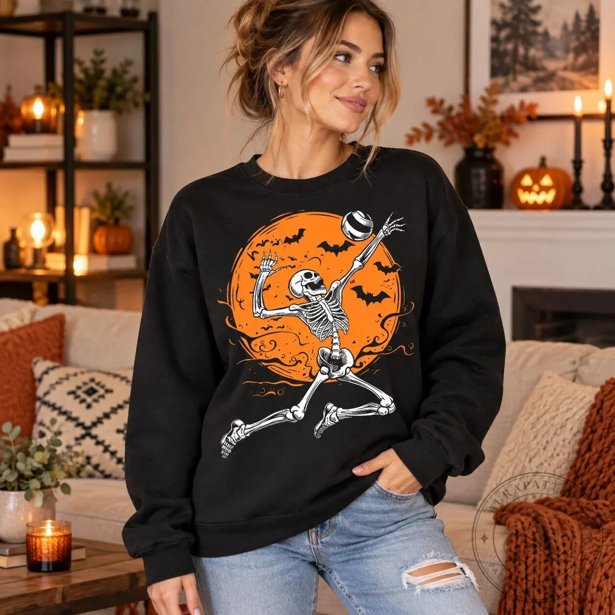 Halloween Skeleton Volleyball Player Spooky Full Moon Bats Sweatshirt