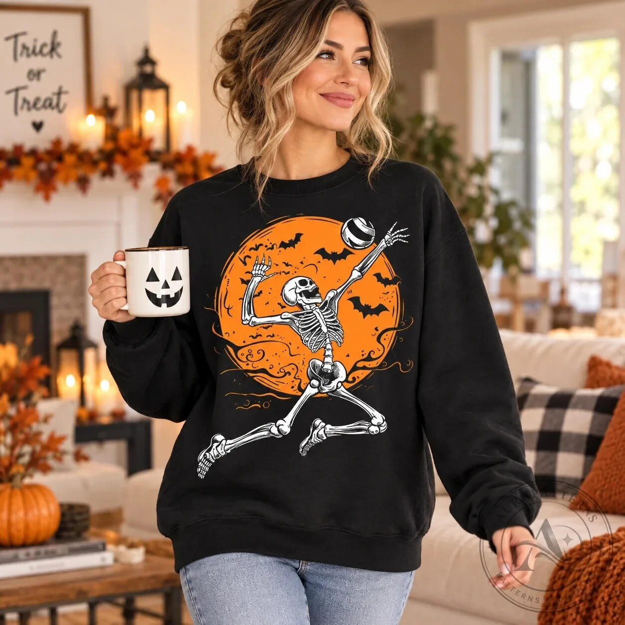 Halloween Skeleton Volleyball Player Spooky Full Moon Bats Sweatshirt 11 Halloween Skeleton Volleyball Player Spooky Full Moon Bats Sweatshirt