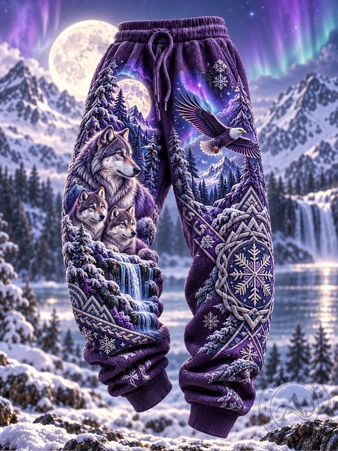 Winter Wolf Pack Snow Mountain Full Moon Aurora Borealis Sweatpants