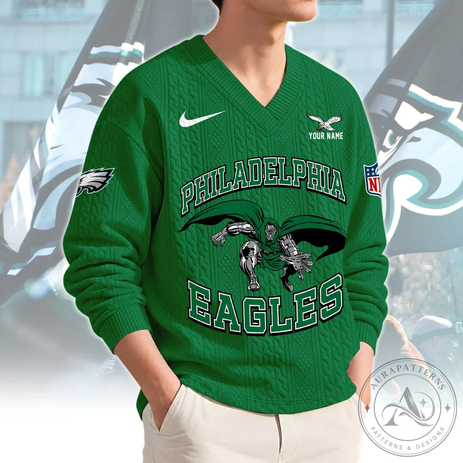 Philadelphia Eagles Custom Name V-Neck Cable Knit Sweater