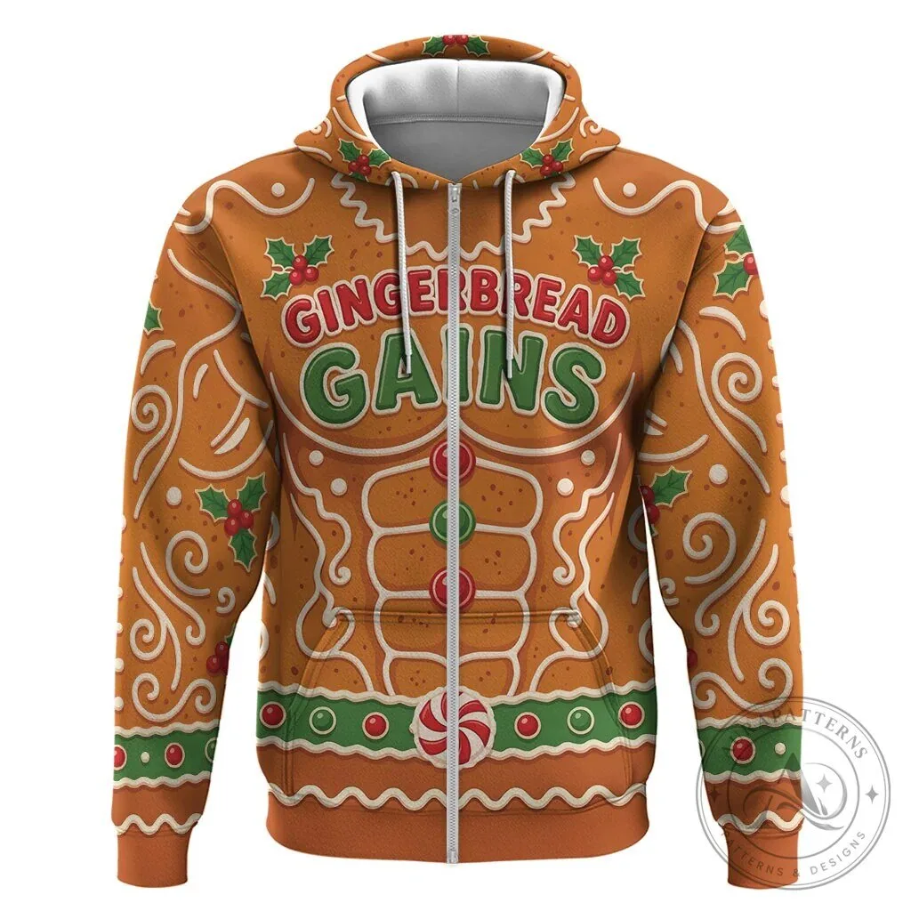 Gingerbread Gains Bodybuilder Christmas Holiday Full Zip Hoodie