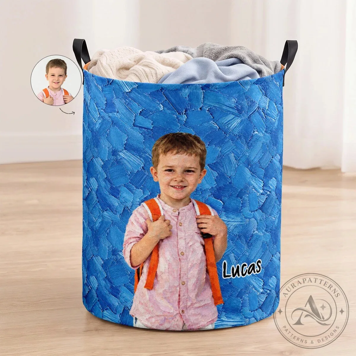 Personalized Kid Photo Laundry Basket with Handle - Custom Storage Hamper