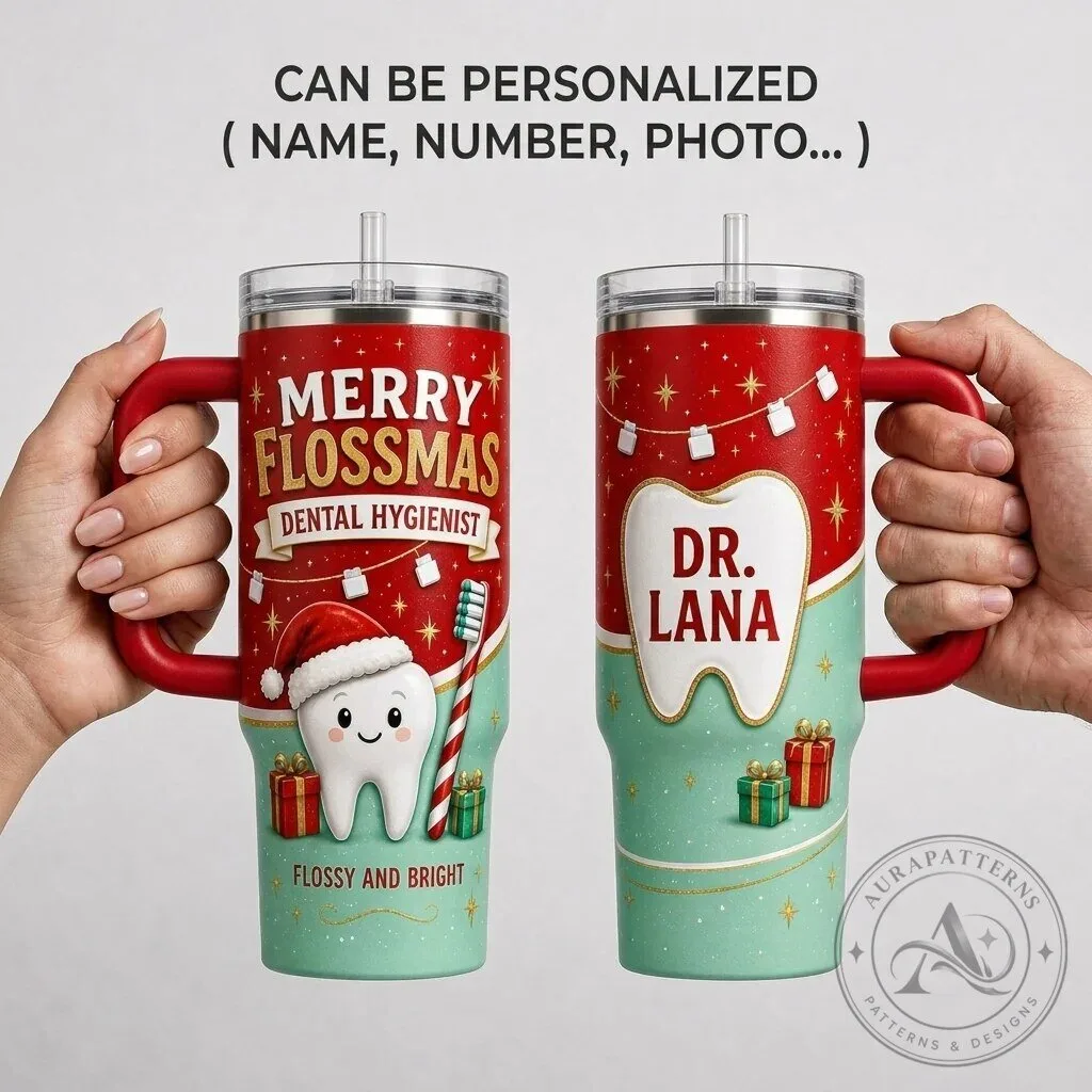 Personalized Merry Flossmas Dental Hygienist Christmas 40oz Tumbler with Handle