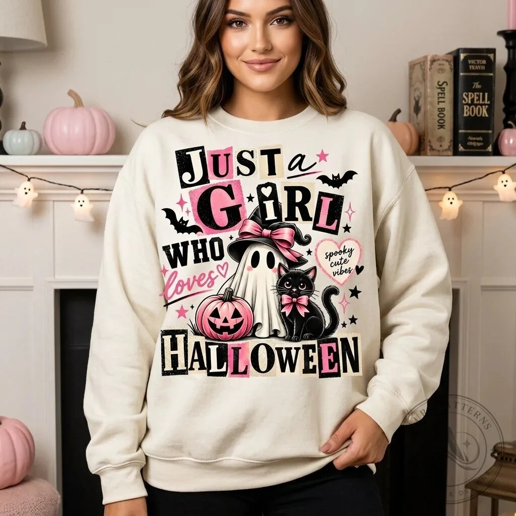 Just a Girl Who Loves Halloween Ghost and Black Cat Spooky Vibes Sweatshirt