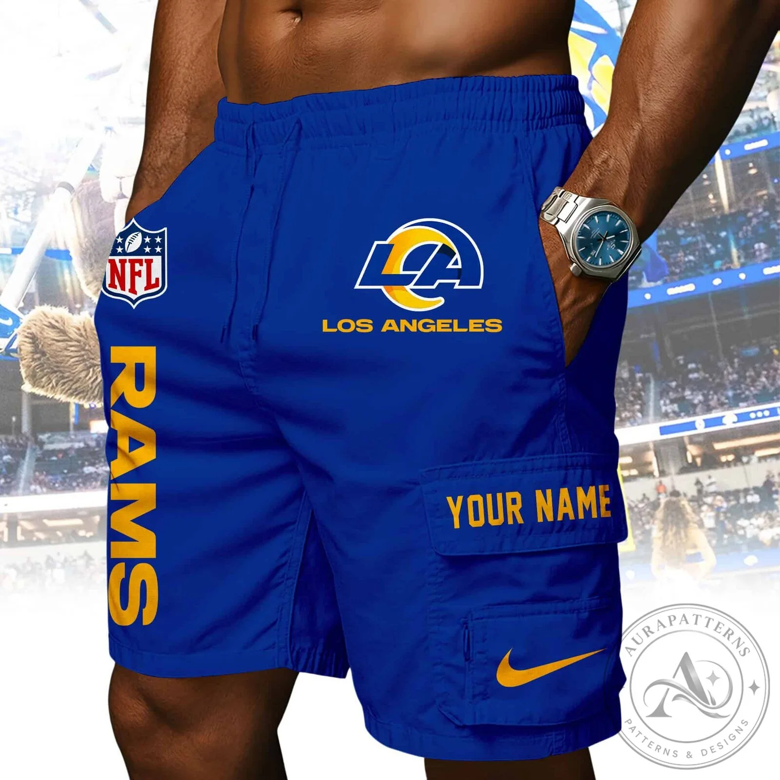 Los Angeles Rams NFL Team Logo Custom Name Blue Athletic Shorts