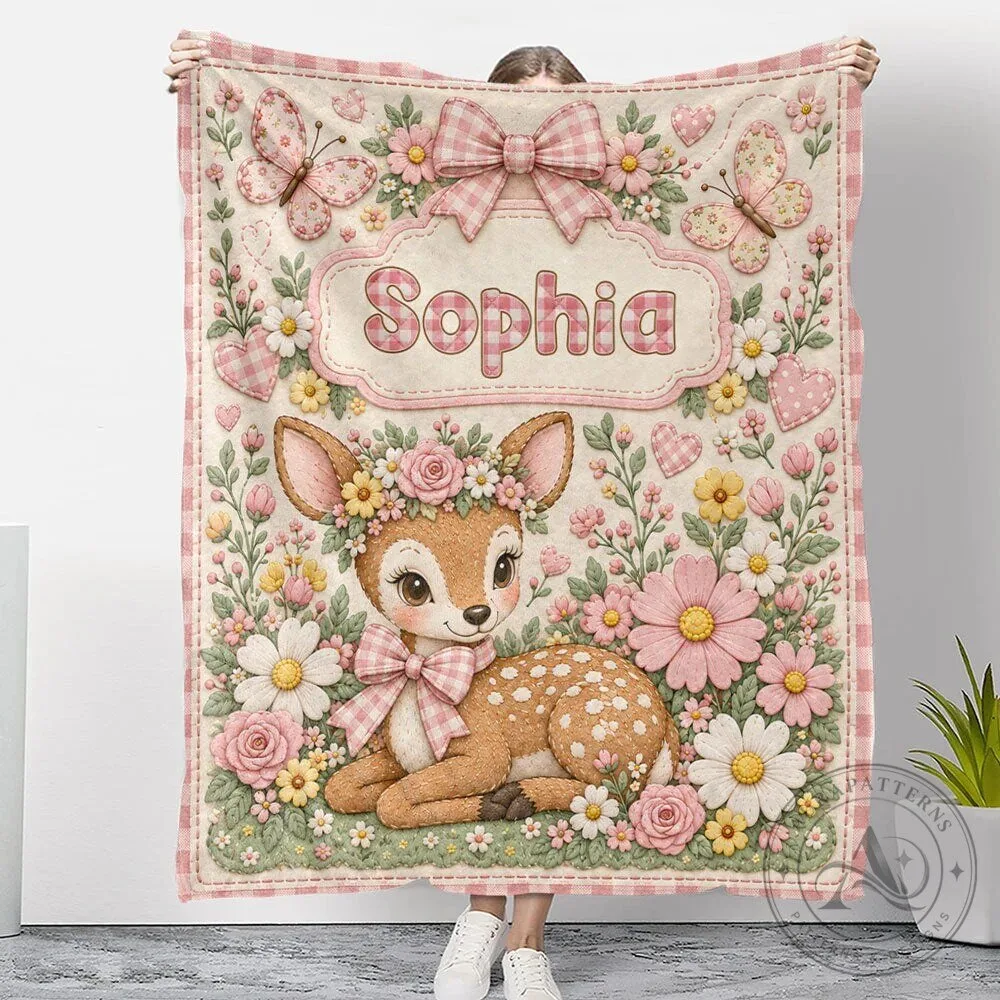 Personalized Baby Deer Floral Name Custom Kids Blanket
