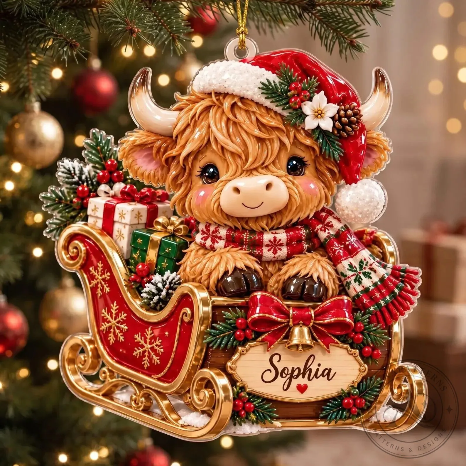 Personalized Highland Cow Christmas Sleigh Ornament - Farmhouse Holiday Decor
