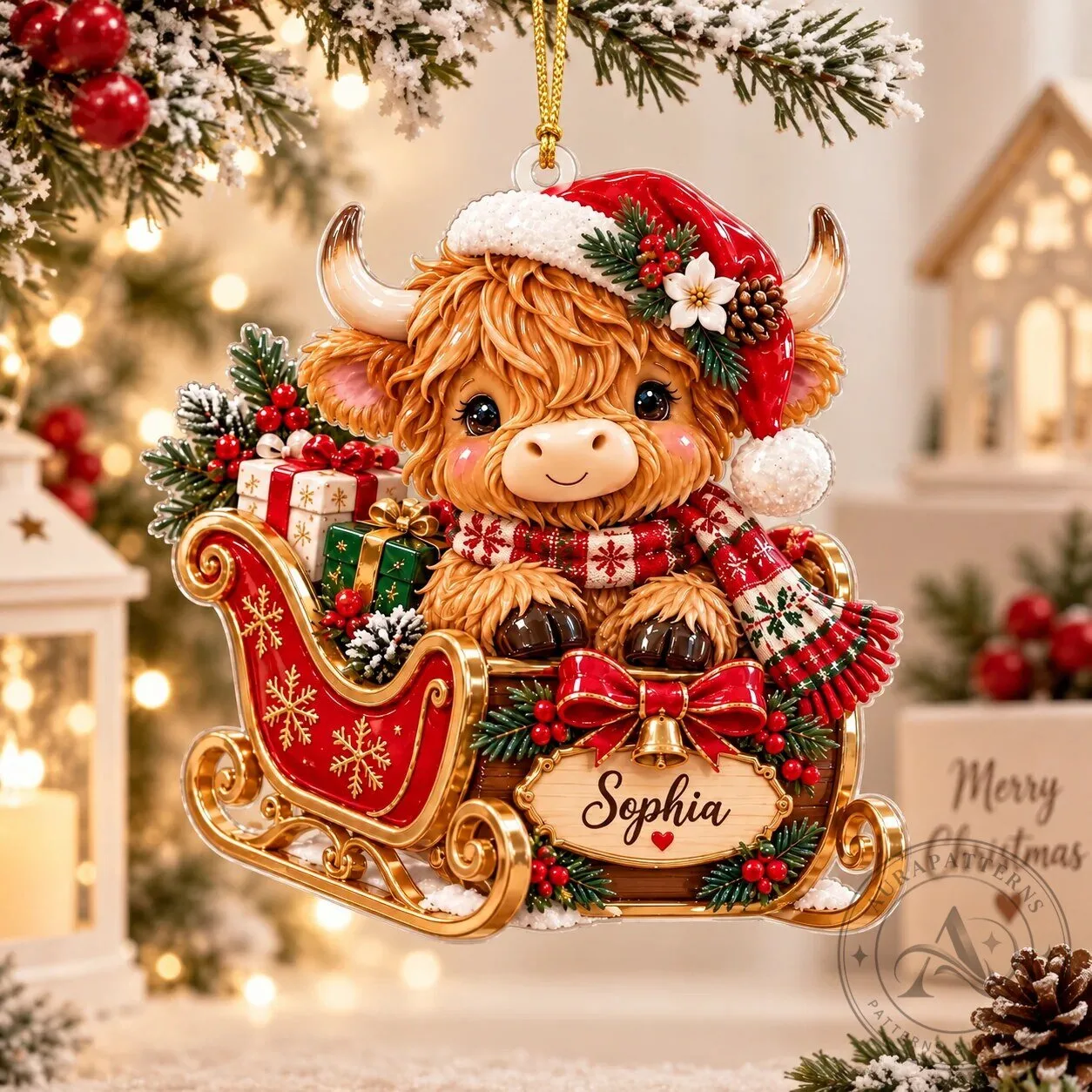 Personalized Highland Cow Christmas Sleigh Ornament - Farmhouse Holiday Decor 11 Personalized Highland Cow Christmas Sleigh Ornament - Farmhouse Holiday Decor