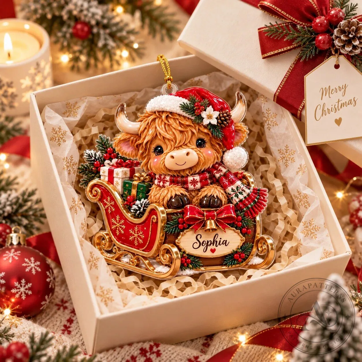 Personalized Highland Cow Christmas Sleigh Ornament - Farmhouse Holiday Decor 12 Personalized Highland Cow Christmas Sleigh Ornament - Farmhouse Holiday Decor