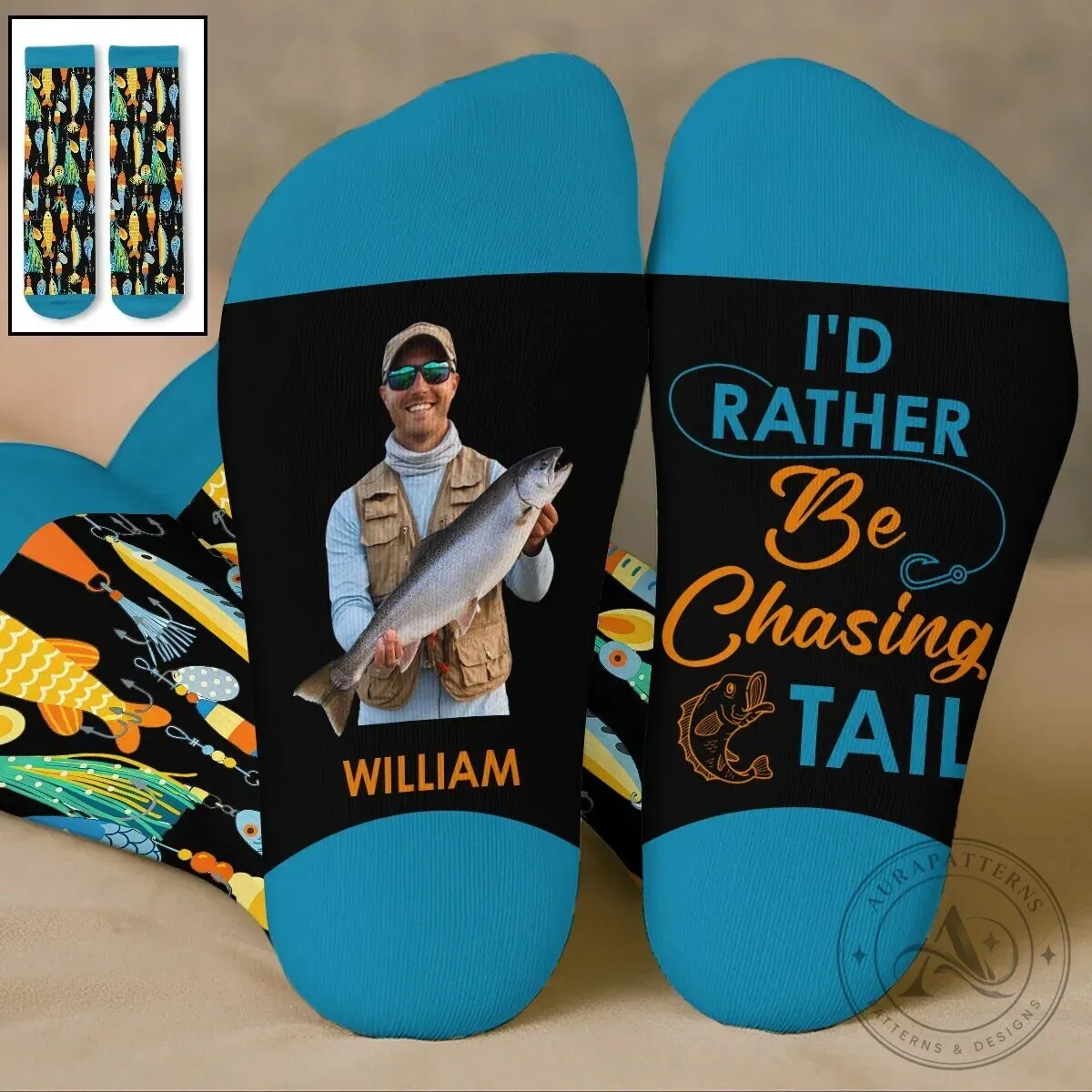 Personalized Fishing Lover Socks with Custom Photo and Name, Chasing Tail Gift