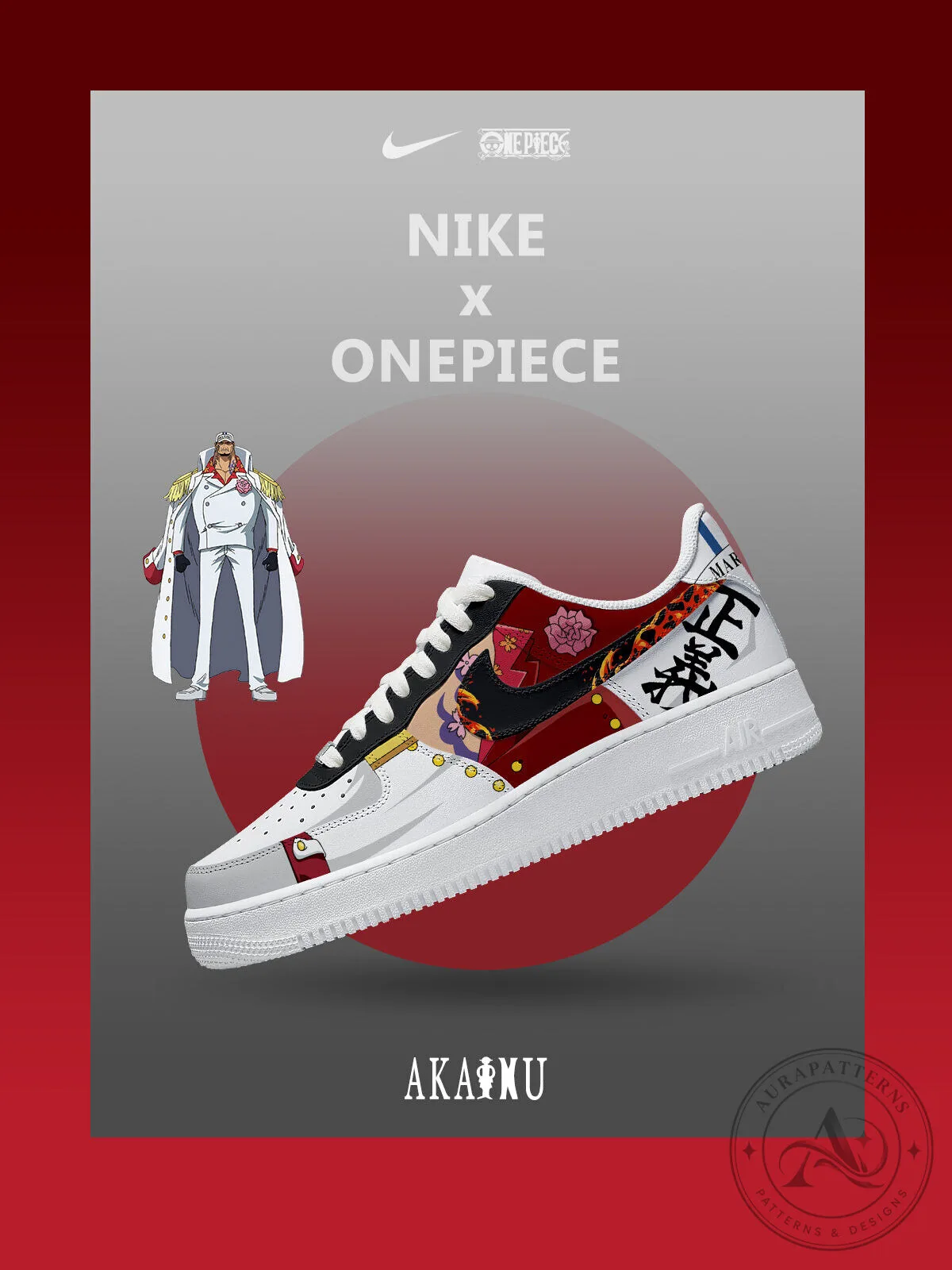 One Piece Akainu Sakazuki Anime Manga Custom Designed White Sneakers