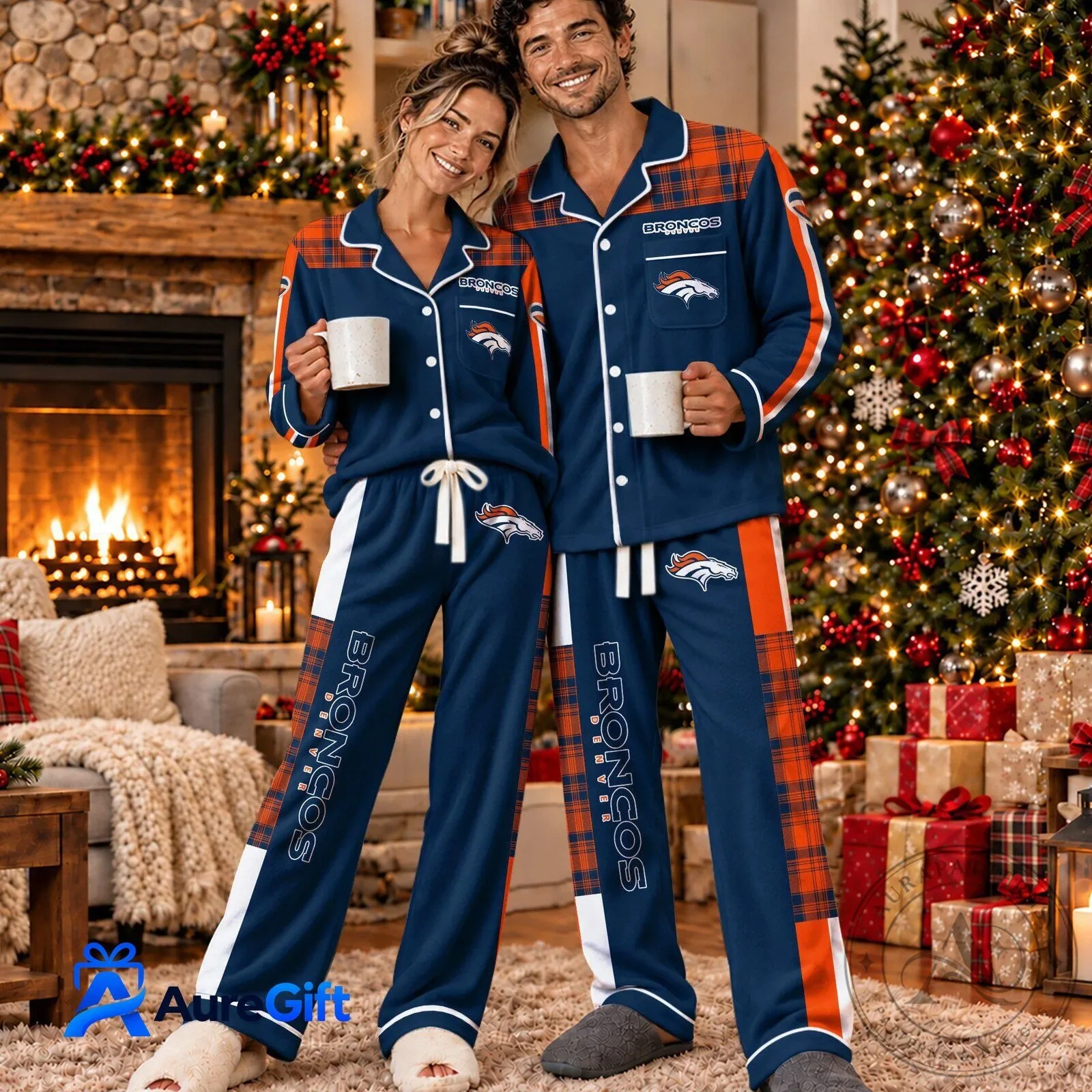 Denver Broncos Custom Name Flannel Pajamas Set