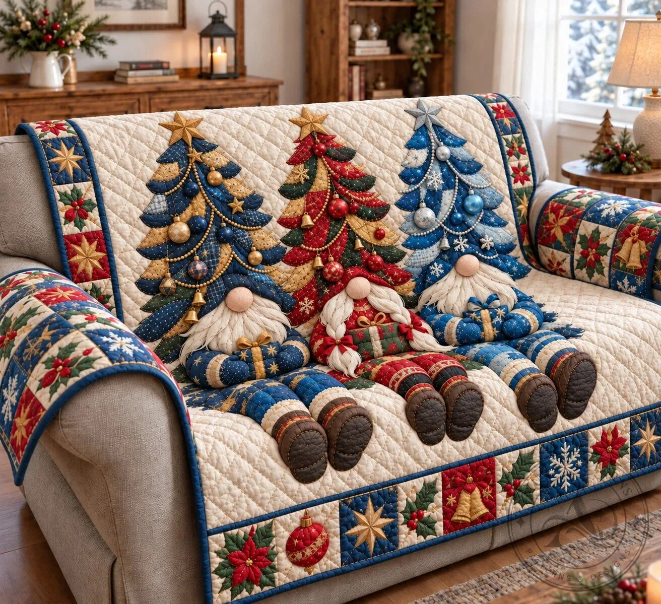 Christmas Gnomes Holiday Celebration Quilted Sofa Cover Protector