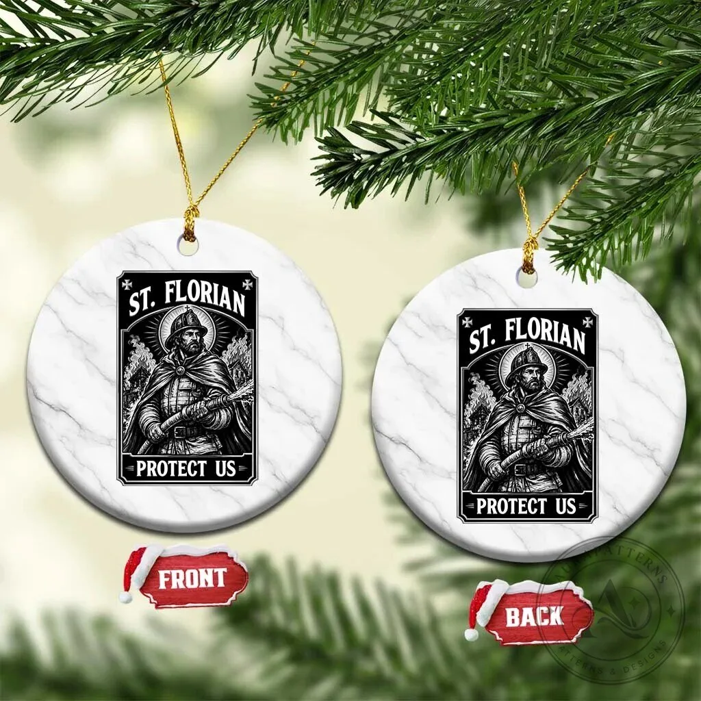 St. Florian Firefighter Patron Saint Protect Us Vintage Marble Ceramic Ornament