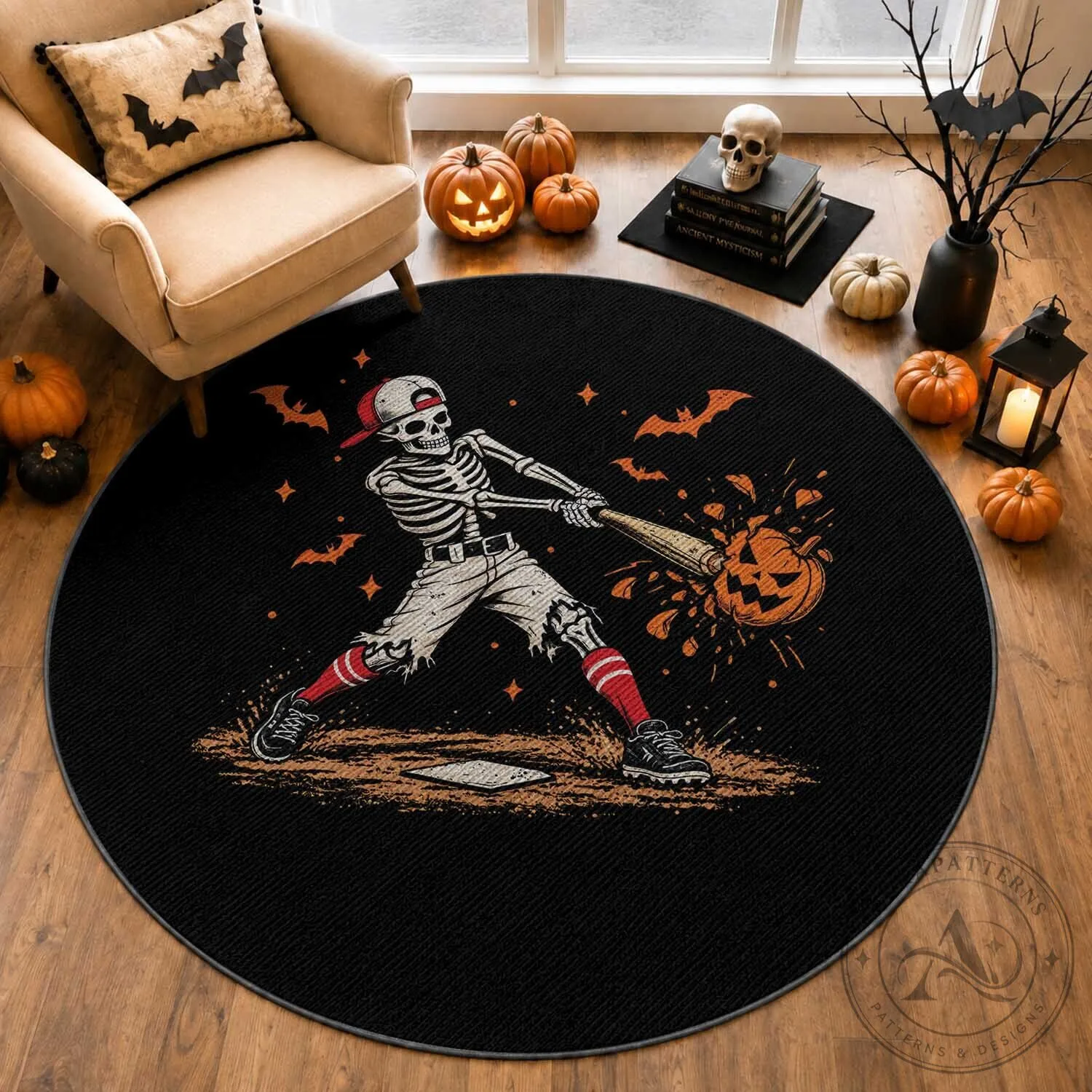 Halloween Skeleton Playing Baseball Round Rug