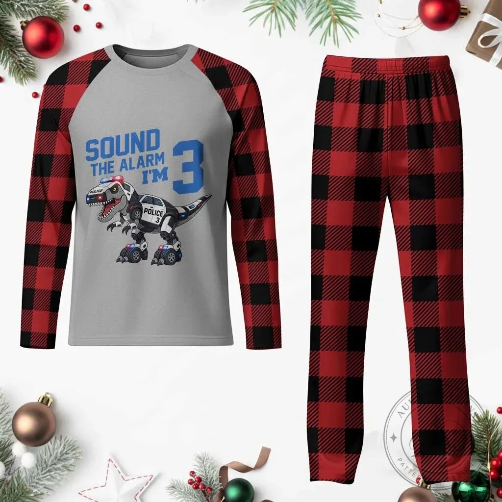 Funny Dinosaur Police Patrol 3rd Birthday Plaid Pajama Set