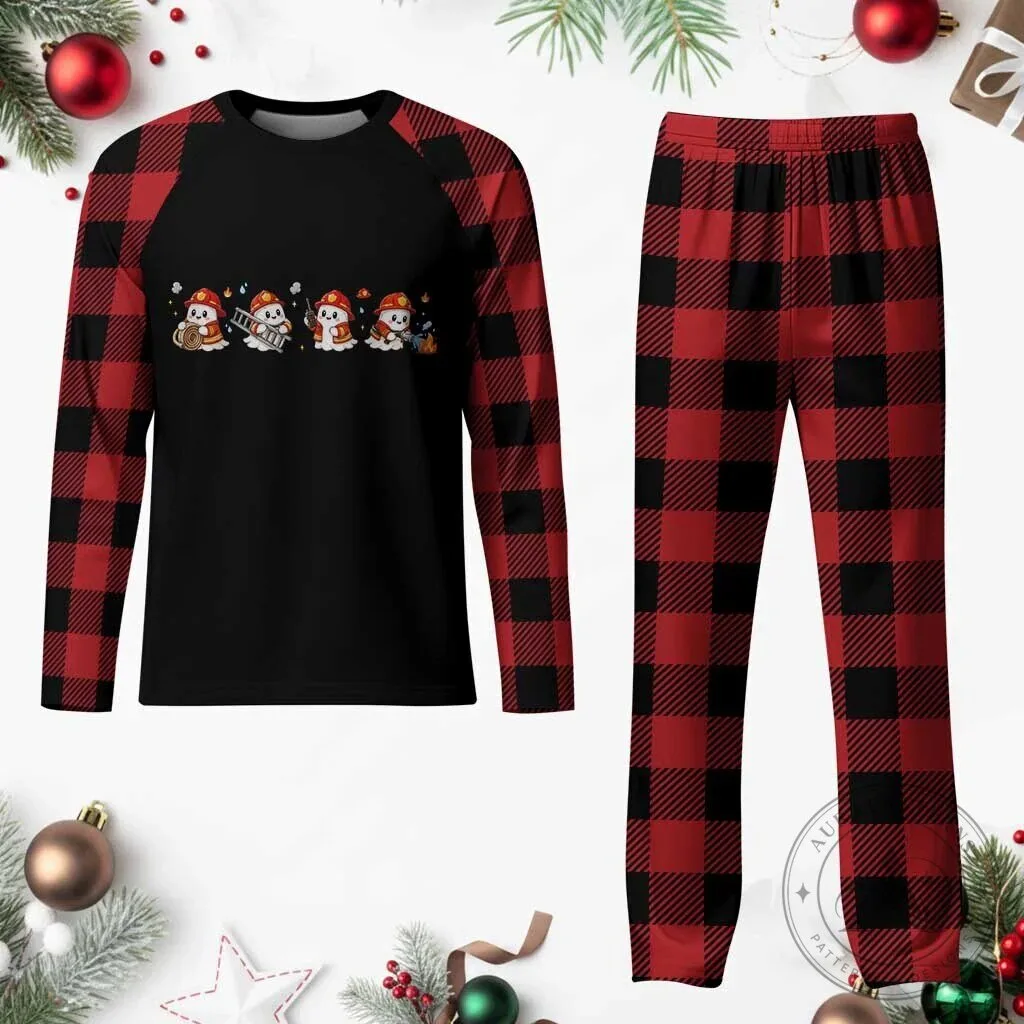 Funny Firefighter Snowman Buffalo Plaid Christmas Pajama Set