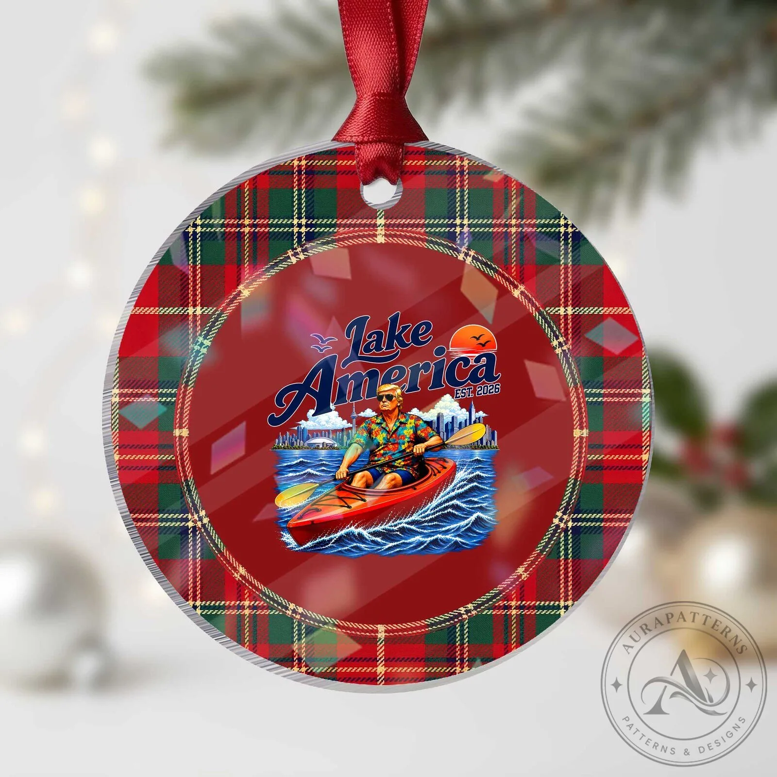 Lake America Est 2026 Kayaking Man Christmas Tree Holographic Acrylic Ornament