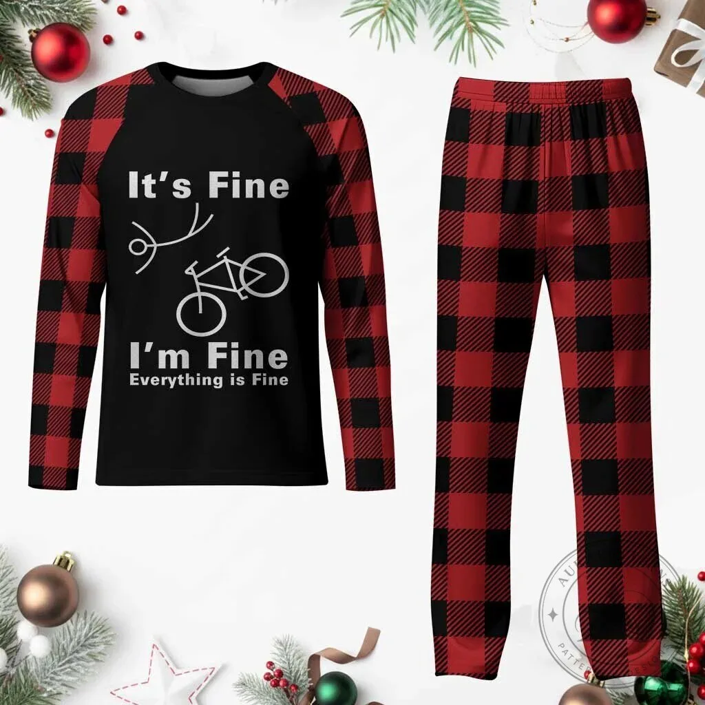 Funny Bicycle Crash It's Fine I'm Fine Everything Is Fine Plaid Pajamas Set
