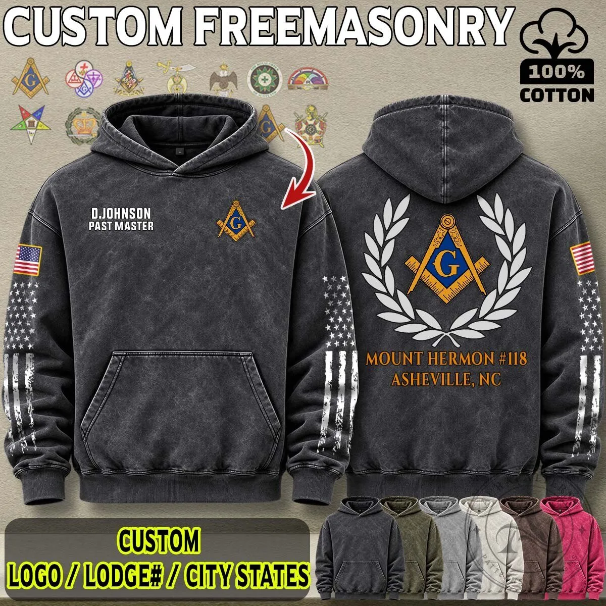 Freemasonry Laurel Wreath Square Compass Custom Name Washed Hoodie 5 Freemasonry Laurel Wreath Square Compass Custom Name Washed Hoodie