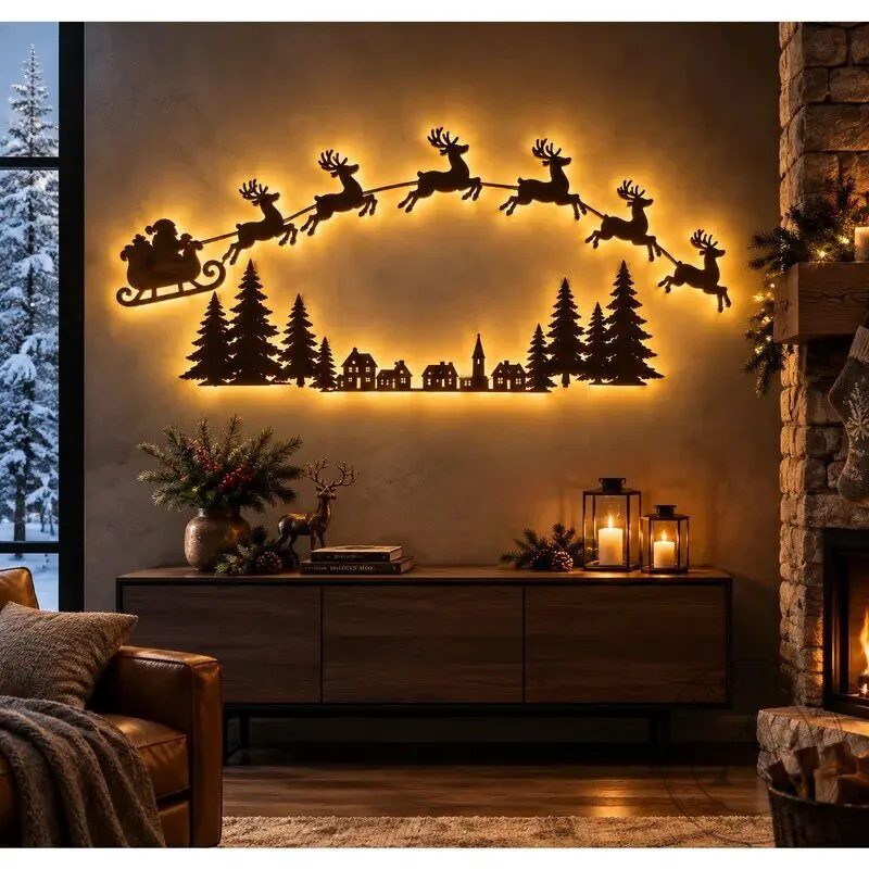 Christmas Santa Sleigh Reindeer and Village LED Backlit Metal Wall Art Decor