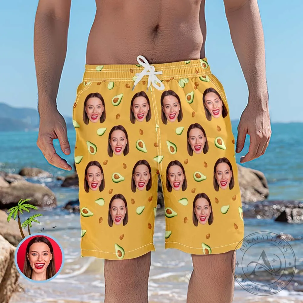 Custom Face Avocado Pattern Men's Personalized Swim Trunks