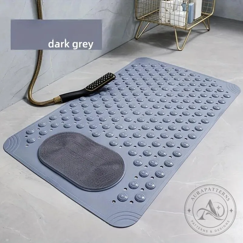 Dark Grey Non-Slip Shower Mat with Suction Cups and Foot Scrubber
