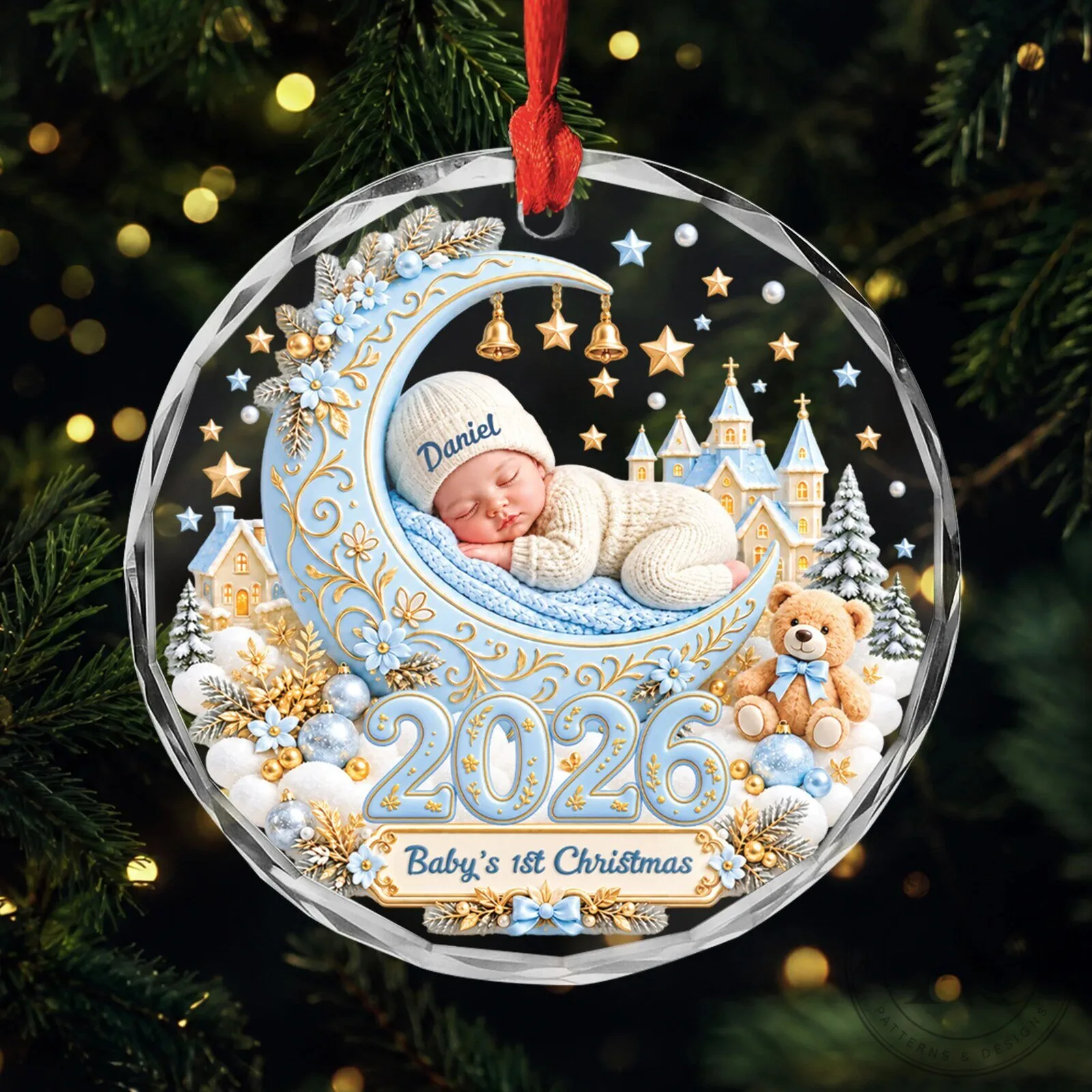 Baby's First Christmas 2026 Personalized Moon and Stars Glass Ornament